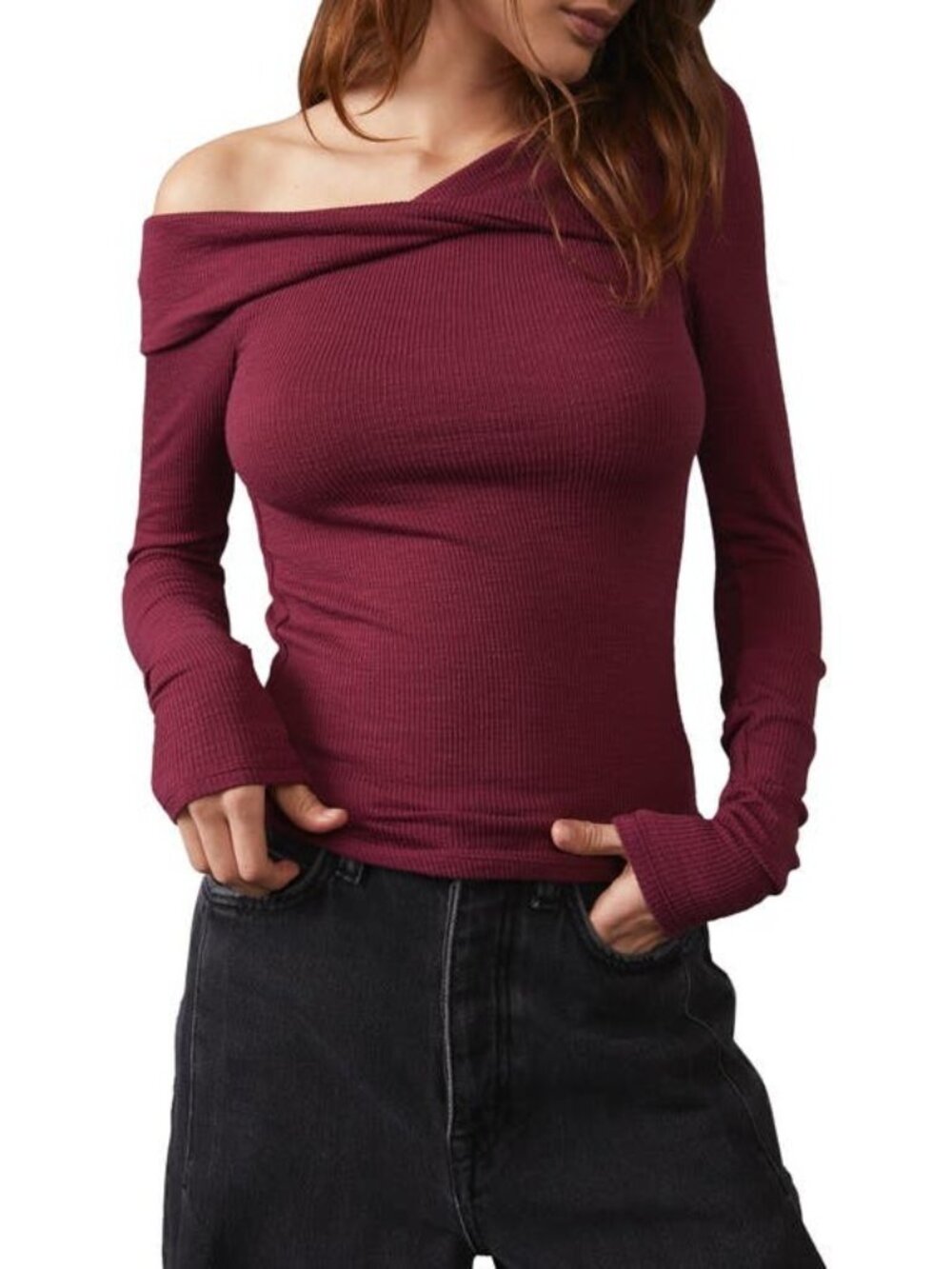 We the Free Womens Addie Ribbed Off-the-Shoulder Pullover Top Red Size XL NWT